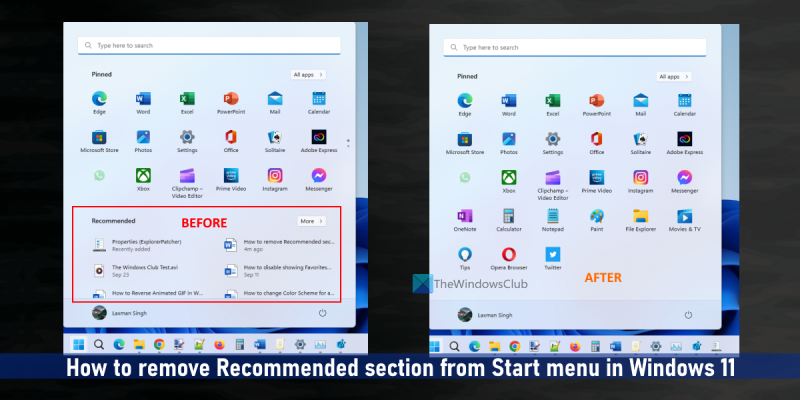 премахнете препоръчания дял от стартовото меню в Windows 11