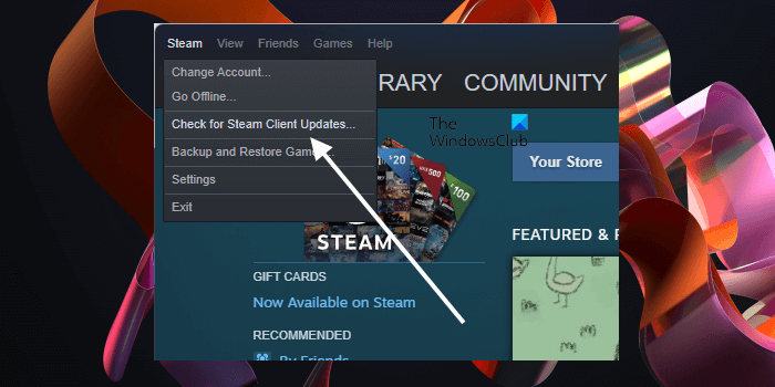 Verifique se há atualizações do cliente Steam