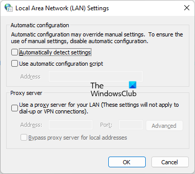 自動検出 LAN 設定を無効にする