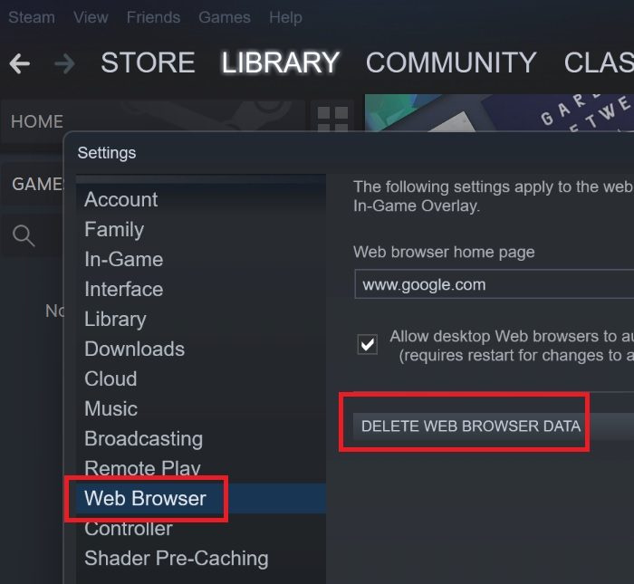 Vymažte vyrovnávaciu pamäť webového prehliadača v službe Steam
