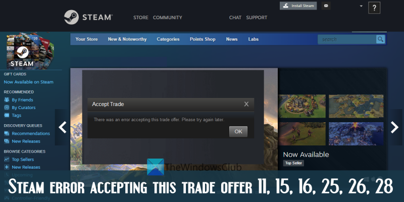 Erro do Steam ao aceitar esta oferta de troca 11, 15, 16, 25, 26, 28