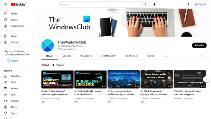ช่อง YouTube อย่างเป็นทางการของ WindowsClub