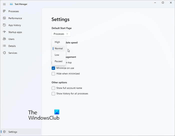 A valós idejű frissítési arány módosítása a Windows 11 Feladatkezelőben