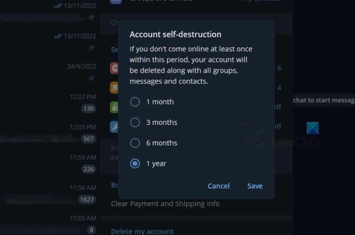 Excluindo automaticamente uma conta do Telegram