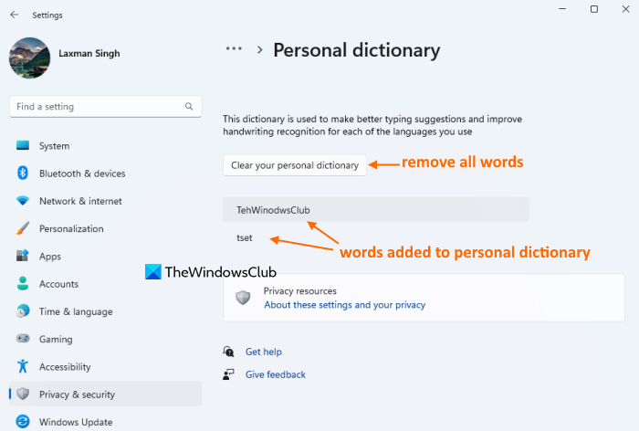 ذاتی لغت کی ترتیبات ایپ کو دیکھیں اور صاف کریں۔