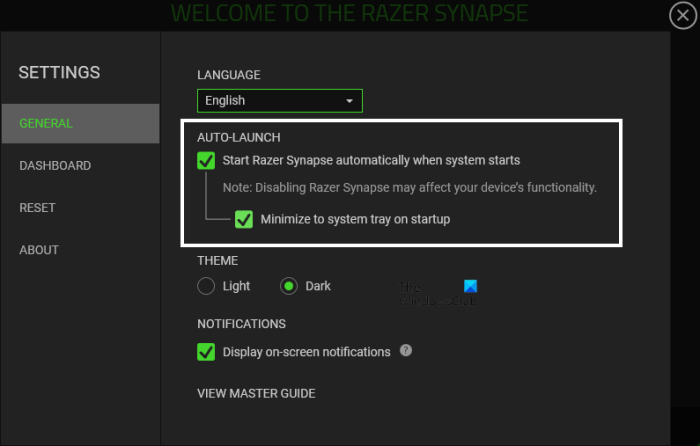 Настройка параметров автозапуска в Razer Synapse