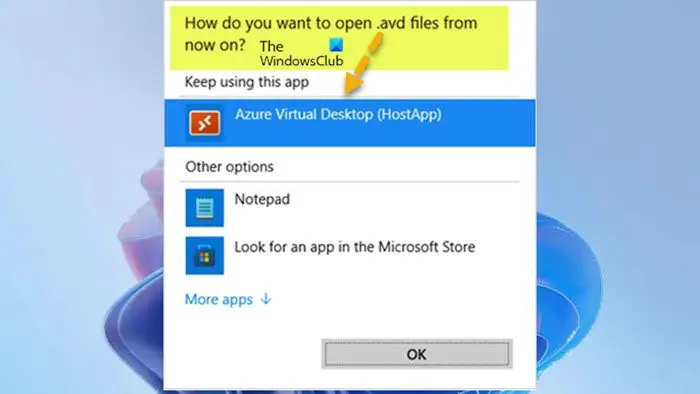   Windows 365 ایپ ایک نئی ڈیفالٹ ایپ کو منتخب کرنے کو کہتی ہے۔