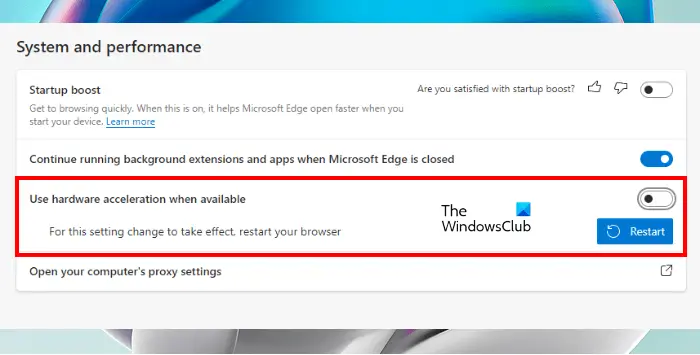  Išjunkite aparatinės įrangos spartinimą „Microsoft Edge“.