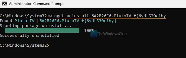   השתמש במנהל החבילות של Windows כדי להסיר את התקנת pluto tv