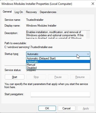 Habilitar o instalador de módulos do Windows