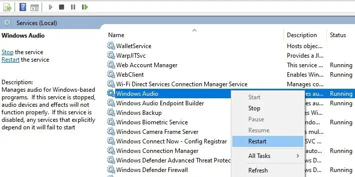   I-restart ang Windows Audio Service