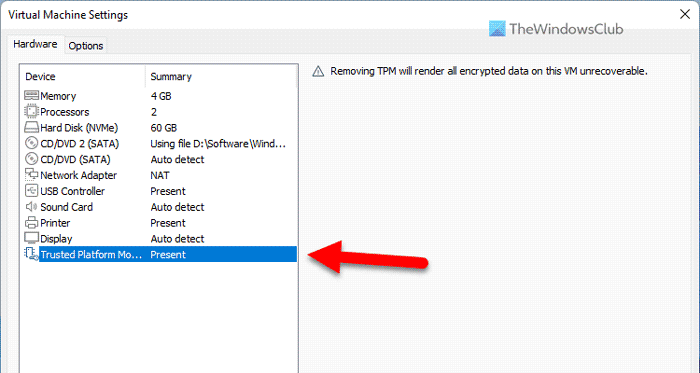 Pievienojiet TPM VMware Player VM operētājsistēmā Windows 11
