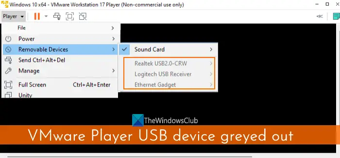 Périphérique USB VMware Player grisé
