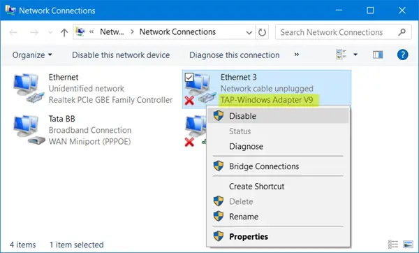 Įgalinti TAP-Windows V9 adapterį