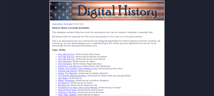 عوامی ڈومین میں ڈیجیٹل ہسٹری میوزک سائٹس