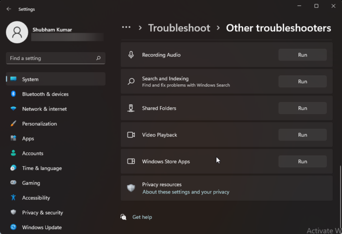 Troubleshooter ng Windows Store Apps - Win11