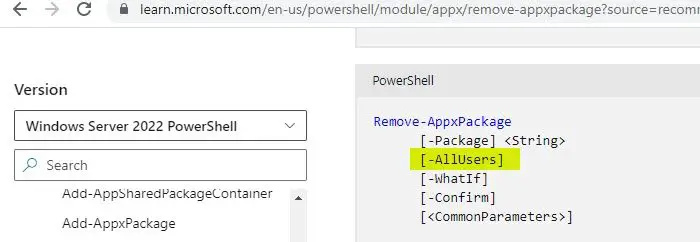   -allusers parameter i Remove-AppxPackage
