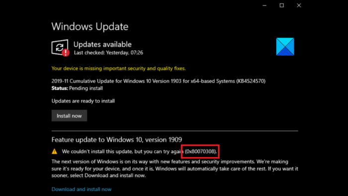 Коригиране на грешка 0x80070308 Windows Update
