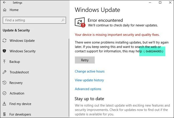 Napraw błąd Windows Update 0x8024A005