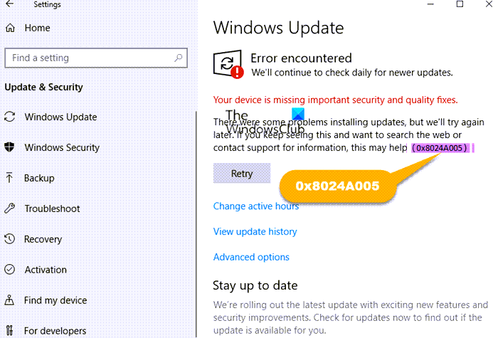 Herstel Windows Update-foutcode 0x8024A005