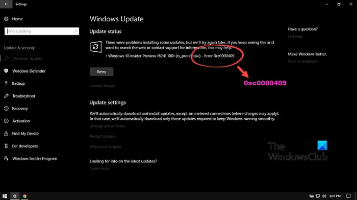 Chyba služby Windows Update 0xc0000409