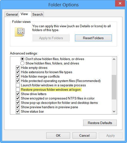 Windows 10 में लॉगऑन पर पिछले फ़ोल्डर विंडो को पुनर्स्थापित करें
