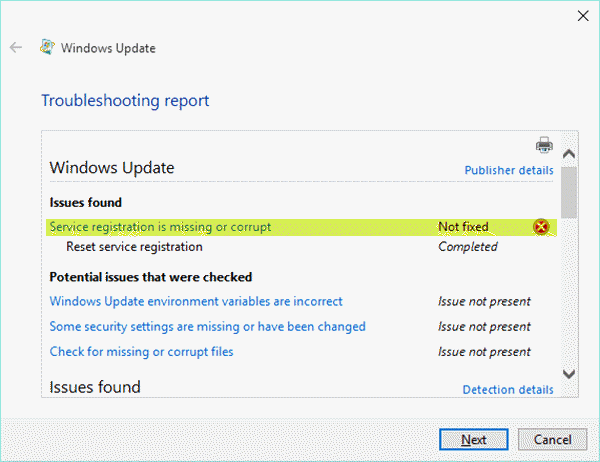 Enregistrement de service manquant ou erreur de mise à jour Windows corrompue