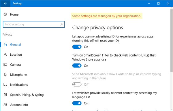 Dažus iestatījumus kontrolē jūsu organizācijas ziņojums operētājsistēmā Windows 10