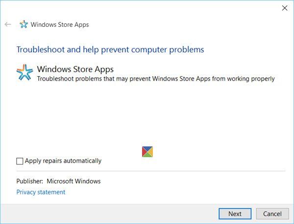 Outil de dépannage des applications Microsoft Windows Store pour Windows 10