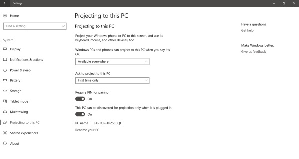Ekrāna spoguļošana operētājsistēmā Windows 10