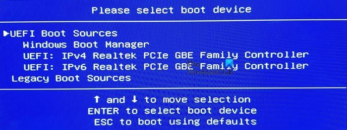 Seleccione el dispositivo de arranque - UEFI Boot Sources