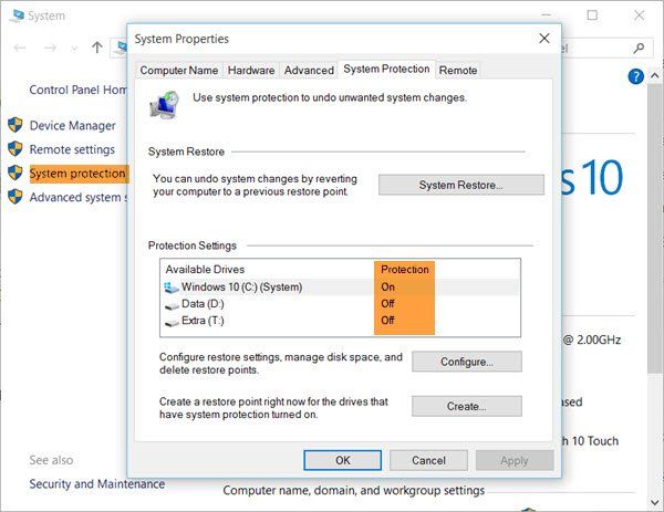 Activer la restauration du système dans Windows 10