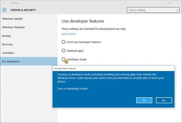 Arendajarežiimi lubamine Windows 10-s
