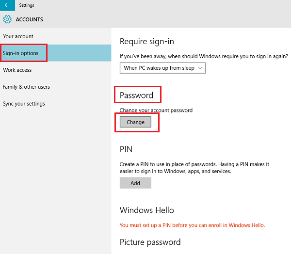 Définir ou modifier les options de connexion à Windows 10 telles que le mot de passe, le code PIN, le mot de passe d'image