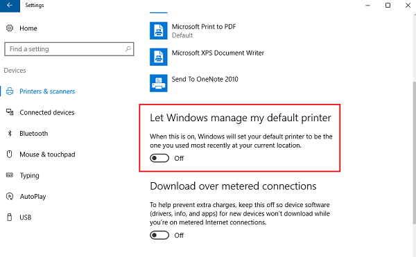 قم بإيقاف تشغيل السماح لـ Windows بإدارة إعداد الطابعة الافتراضية في نظام التشغيل Windows 10