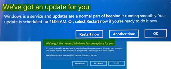 Windows 10 でメッセージの更新があります