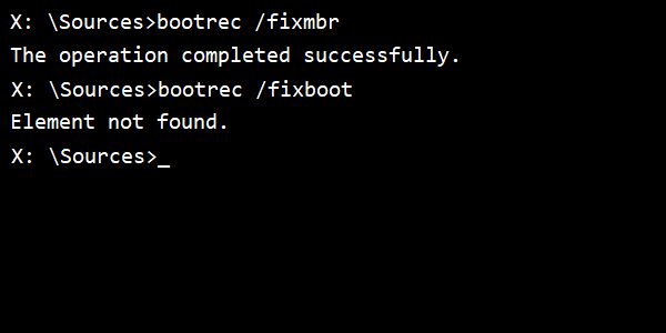 Исправить ошибку 'Элемент не найден' для Bootrec / Fixboot в Windows 10