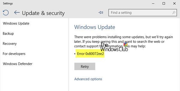 Løs Windows Update-feil 0x80072EE2