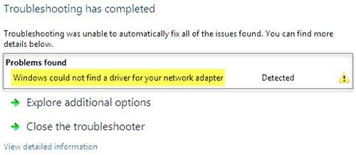 Windows tidak dapat mencari pemacu untuk penyesuai rangkaian anda