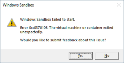 Windows Sandbox не успя да стартира с грешка 0xc030106