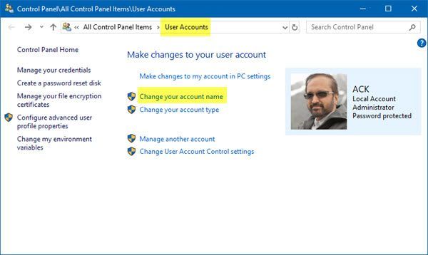 Cambiar el nombre de usuario de la cuenta al iniciar sesión con una cuenta de Microsoft en Windows 10