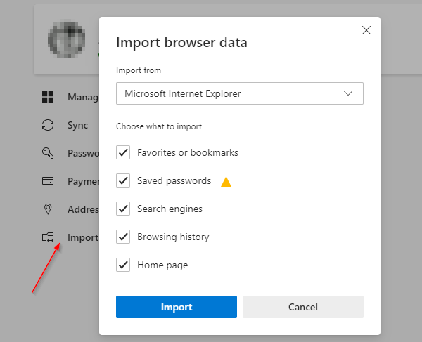 Импортировать избранные пароли из предыдущего браузера в Edge