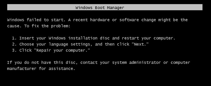 Windows를 시작하지 못했습니다. 최근 하드웨어 또는 소프트웨어 변경이 원인 일 수 있습니다.