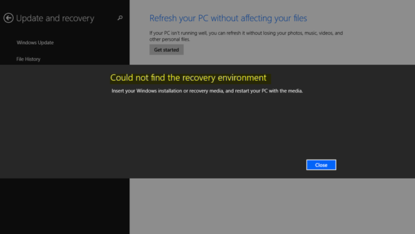 Ne mogu pronaći okruženje za oporavak u sustavu Windows 10