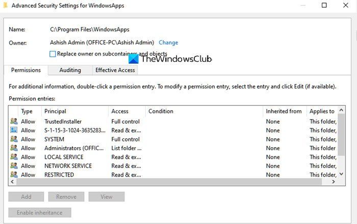 WindowsApps फ़ोल्डर के लिए अनुमति सेट