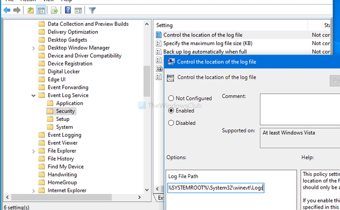 Windows 10'da varsayılan Olay Günlüğü dosya konumu nasıl değiştirilir