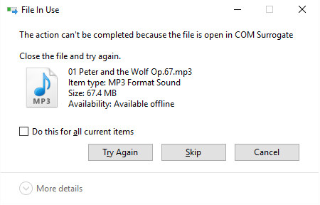 कार्रवाई पूरी नहीं की जा सकती क्योंकि फ़ाइल COM सरोगेट में खुली है