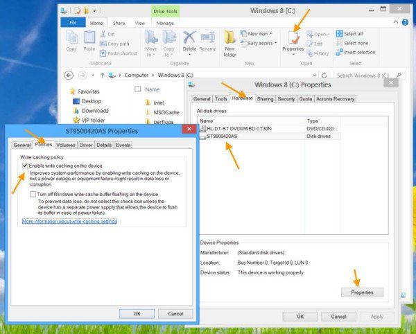 Windows 10'da disk yazma önbelleğini etkinleştirme veya devre dışı bırakma