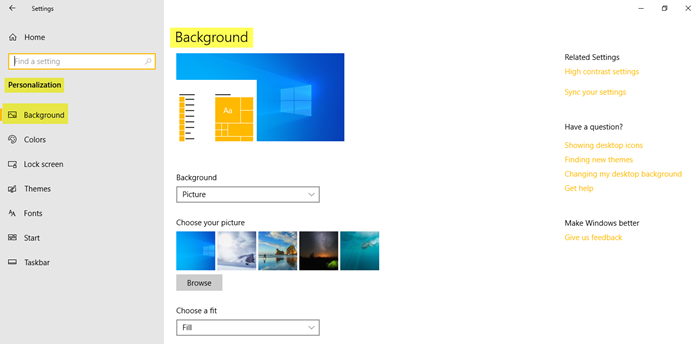 إعدادات التخصيص في Windows 10