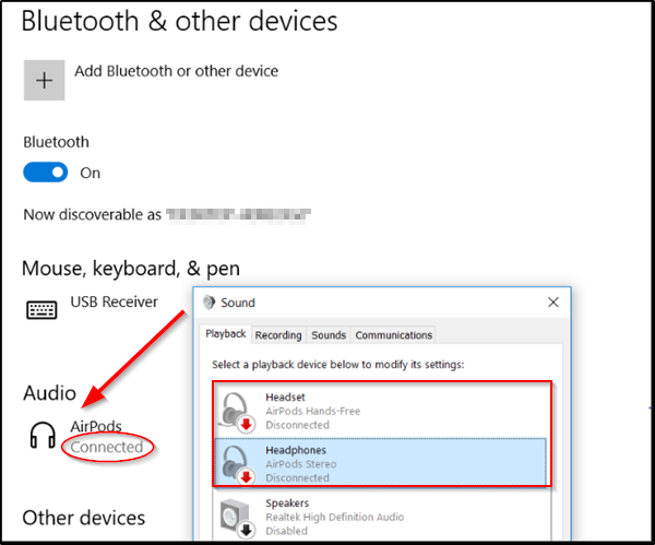 AirPods nepārtraukti atvienojas un atkal tiek pievienots datorā ar operētājsistēmu Windows 10